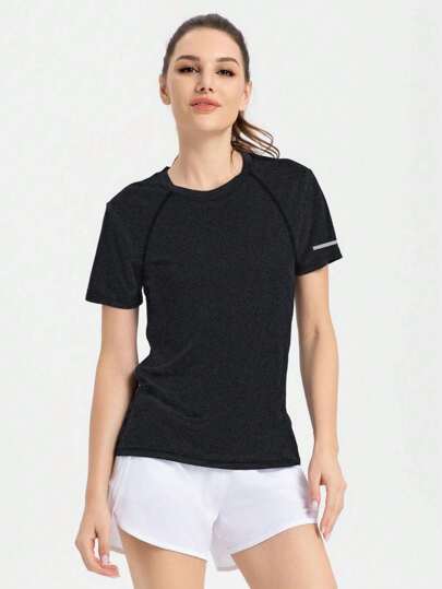 女士弹力修身休闲圆领短袖 T 恤，舒适运动健身训练跑步情侣款夏季