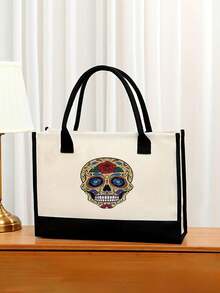 女款骷髏印花帆布手提包，時尚單肩包，適合雜貨、水果、飲料、零食、餐盒、化妝品、杯子、電話、個人物品等。