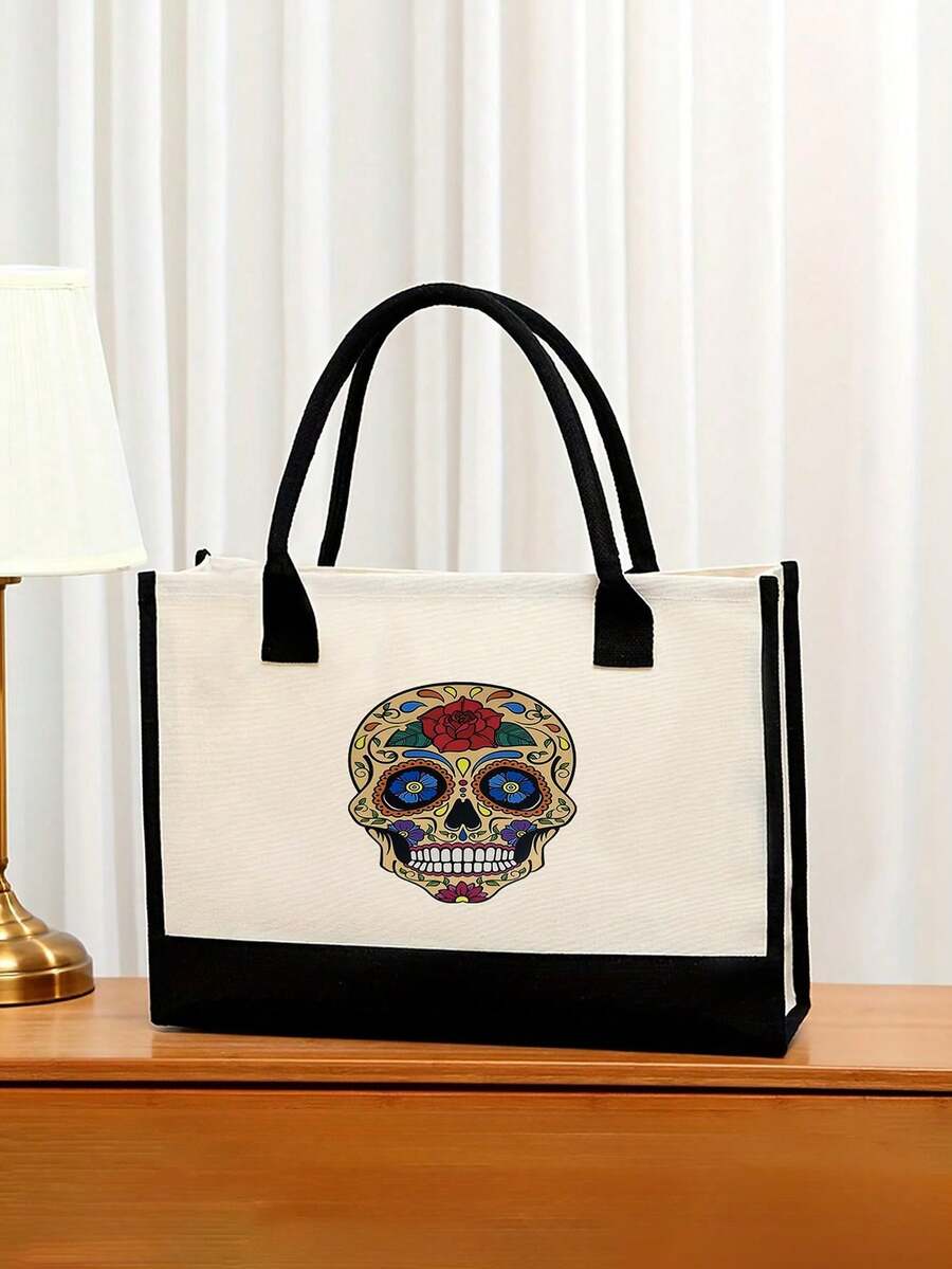 女款骷髏印花帆布手提包，時尚單肩包，適合雜貨、水果、飲料、零食、餐盒、化妝品、杯子、電話、個人物品等。