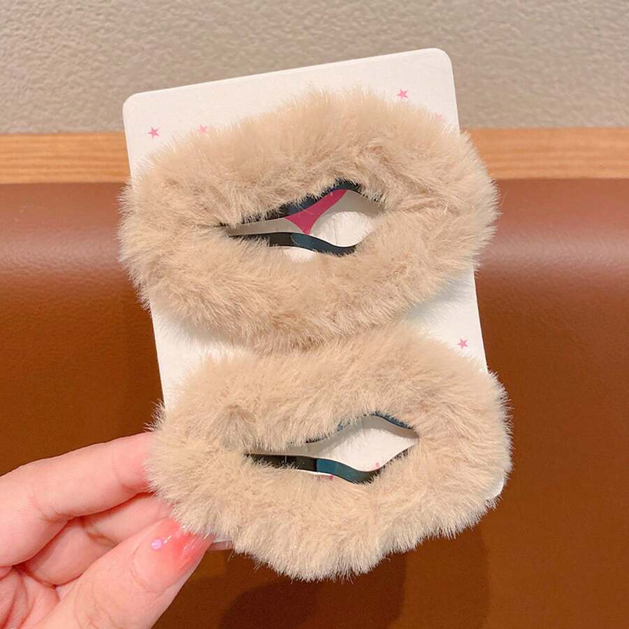 2入組深卡其色絨面bb夾,雲朵和鬆緊套設計側夾,秋冬髮飾配件