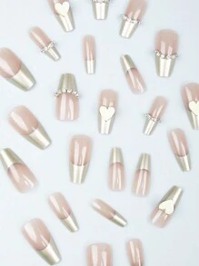 24 件长款棺材金色法式和 3D 心形链条设计全覆盖假指甲套装，包含 1 件果冻胶和 1 件指甲锉，适合女士和女孩日常佩戴，让您魅力四射 - 彩色 - 查看 4