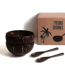 2 Stück Kokosnuss Schalen & 2 Stück Holzlöffel Set, 12-15cm polierte Kokosnuss Schalen, hochwertiges Aussehen Joghurt/Salat Schale, veganer Kokosnuss Schale für Zuhause, Küche, Weihnachtsgeschenk, Schulmaterial