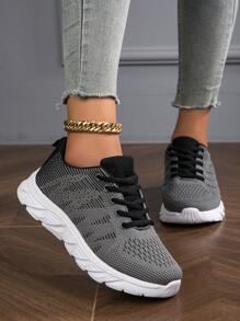 2023 Theo mùa Mới Thoáng khí Nhẹ Dệt kim Lưới Phong cách Đơn giản Coa dây Màu thuần Của phụ nữ Thể thao , Giải trí ,  chạy , Khỏe mạnh , Đường bộ & Giày đi bộ - Màu xám đen - Xem 2