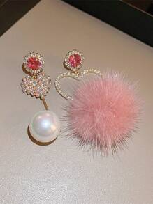 1對不對稱心形&假珍珠&粉色球&鑽石裝飾耳環,適合女性日常生活,晚宴派對和婚禮佩戴 - 愛心 - 查看 7