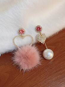 1對不對稱心形&假珍珠&粉色球&鑽石裝飾耳環,適合女性日常生活,晚宴派對和婚禮佩戴 - 愛心 - 查看 6