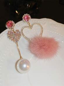 1對不對稱心形&假珍珠&粉色球&鑽石裝飾耳環,適合女性日常生活,晚宴派對和婚禮佩戴 - 愛心 - 查看 5
