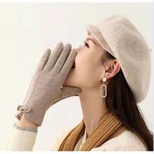 1對卡其色羊毛和羊絨內裡觸屏冬季手套,防風保暖,適用於開車、騎行、戶外活動等