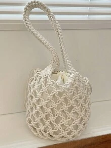 Yogodlns 夏季沙灘包女士網繩編織桶形肩袋网眼中空旅行托特包