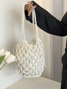 Yogodlns 夏季沙灘包女士網繩編織桶形肩袋网眼中空旅行托特包