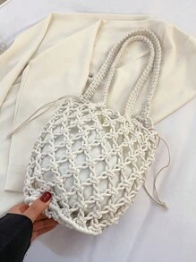 Yogodlns 夏季沙灘包女士網繩編織桶形肩袋网眼中空旅行托特包