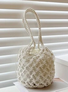 Yogodlns 夏季沙灘包女士網繩編織桶形肩袋网眼中空旅行托特包