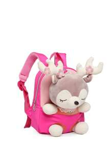 可愛的鹿娃娃裝飾毛絨背包兒童拉鍊休閒背包對比玩具收納袋便攜式背包肩帶可拆卸適用於兒童和女孩旅行和度假