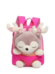 可愛的鹿娃娃裝飾毛絨背包兒童拉鍊休閒背包對比玩具收納袋便攜式背包肩帶可拆卸適用於兒童和女孩旅行和度假
