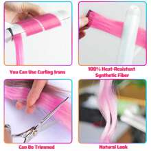 6片彩色夹式接发片，派对挑染，20英寸粉色直发接发片，夹式合成假发，适合万圣节装扮、圣诞节、新年礼物，女士（粉色） - 粉色 - 查看 8