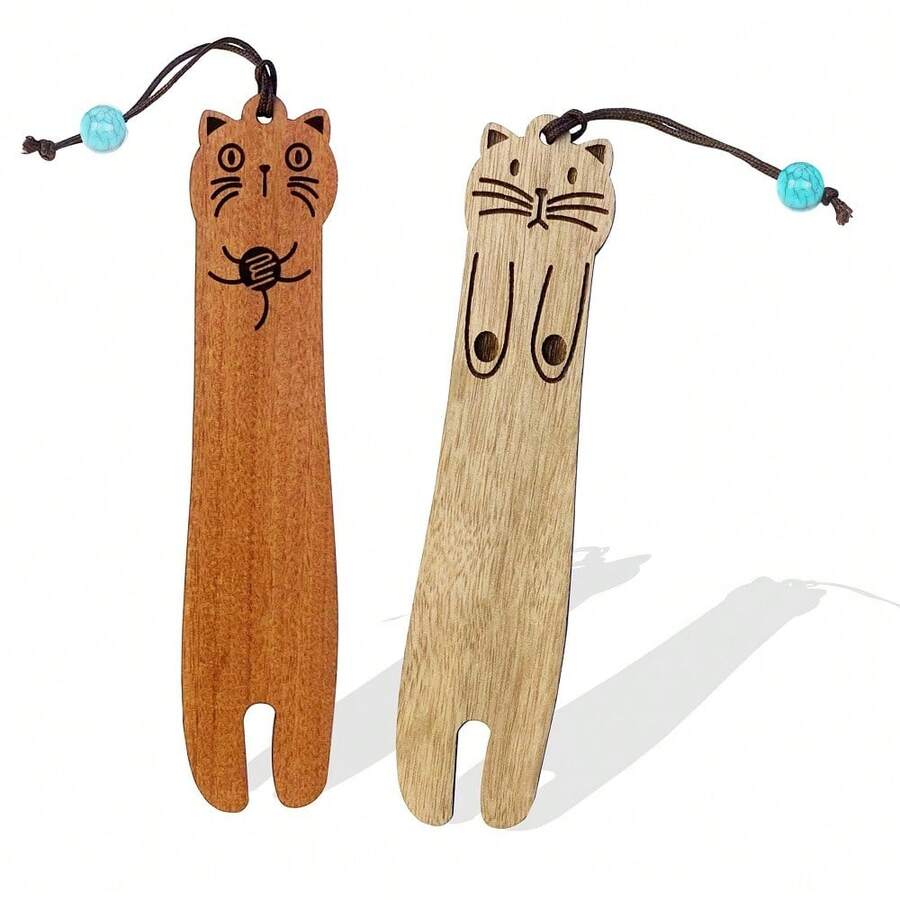 2 Piezas Marcadores De Libros De Madera Con Forma De Gato Lindo Para Personalizar Computadoras, Regalo Único Para Profesores De Lectura - Multicolor - Ver 1