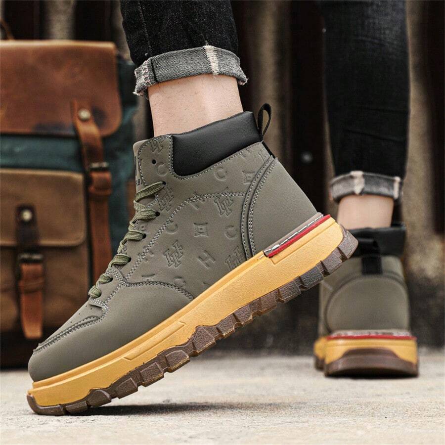 Men's Autumn Chunky Sneakers High Top Platform Shoes, British Style Work Boots - Army Green - View 1