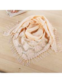 1 件两用女士冬季围巾，带玫瑰、流苏、刺绣装饰和保暖内衬，适合日常穿着 - 米色 - 查看 1