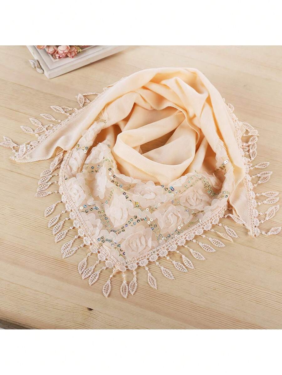 1 件两用女士冬季围巾，带玫瑰、流苏、刺绣装饰和保暖内衬，适合日常穿着 - 米色 - 查看 1