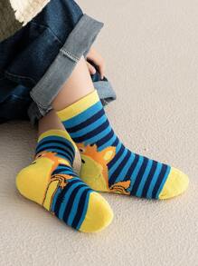 5雙/套卡通大嘴熊印花厚環口毛巾襪,彈性帶處理,保暖舒適,藍色和黃色系列,防凍,適用於秋冬降溫、雨雪及節慶,適用於嬰兒、幼兒和學生。 - 彩色 - 查看 4