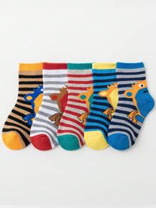 5雙/套卡通大嘴熊印花厚環口毛巾襪,彈性帶處理,保暖舒適,藍色和黃色系列,防凍,適用於秋冬降溫、雨雪及節慶,適用於嬰兒、幼兒和學生。 - 彩色 - 查看 6