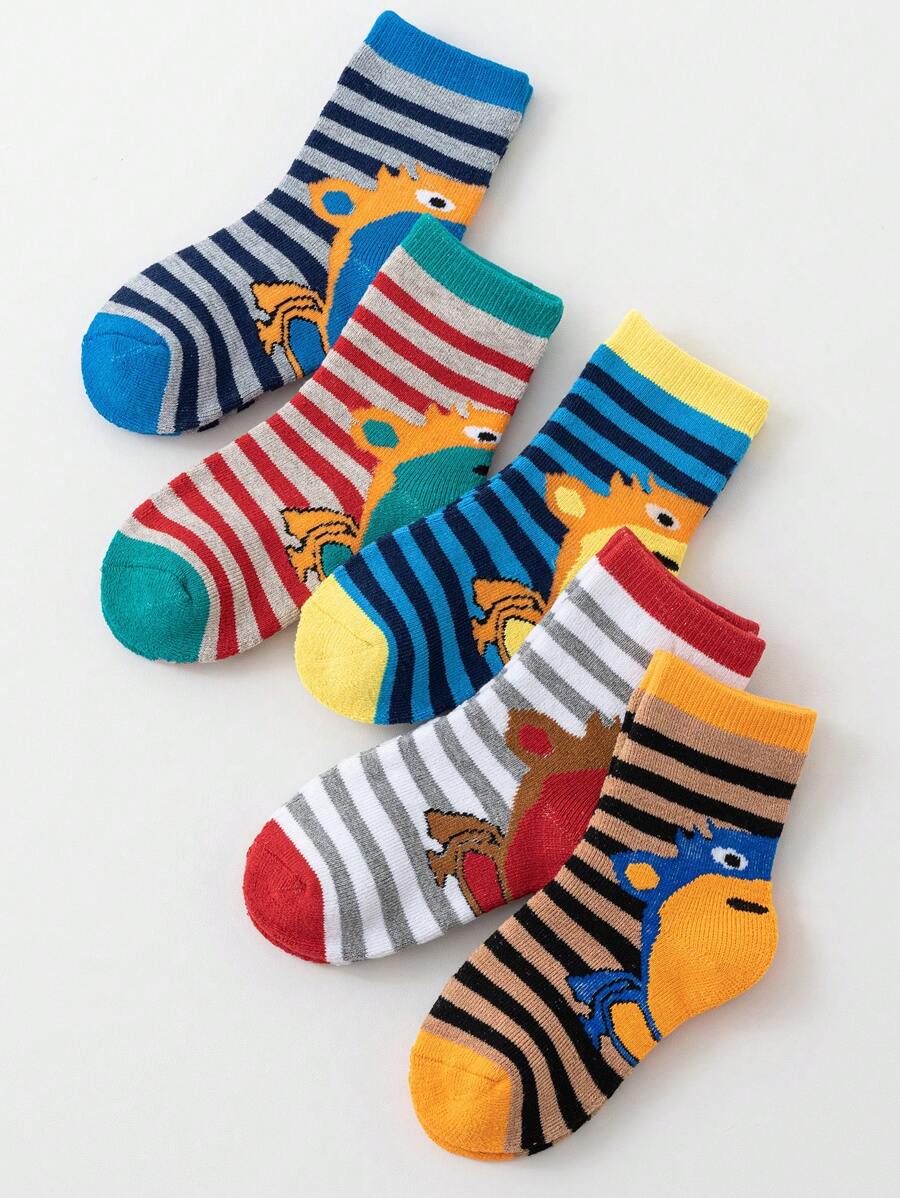 5雙/套卡通大嘴熊印花厚環口毛巾襪,彈性帶處理,保暖舒適,藍色和黃色系列,防凍,適用於秋冬降溫、雨雪及節慶,適用於嬰兒、幼兒和學生。 - 彩色 - 查看 1