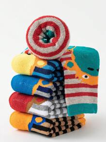 5雙/套卡通大嘴熊印花厚環口毛巾襪,彈性帶處理,保暖舒適,藍色和黃色系列,防凍,適用於秋冬降溫、雨雪及節慶,適用於嬰兒、幼兒和學生。 - 彩色 - 查看 8