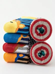 5雙/套卡通大嘴熊印花厚環口毛巾襪,彈性帶處理,保暖舒適,藍色和黃色系列,防凍,適用於秋冬降溫、雨雪及節慶,適用於嬰兒、幼兒和學生。 - 彩色 - 查看 2