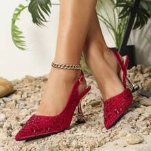 Bridal Shoes New French-style High Heels Red Crystal Rhinestone Fashionable Square Heels - Red - View 2