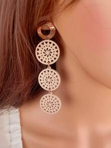 1對復古木質圓形中空長吊墜耳環,日常配戴珠寶飾品