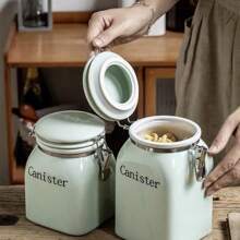 1pc Green Ceramic Sealed Jar, Grain Storage Jar Suitable For Snacks, Tea, Home Storage - Green - View 1