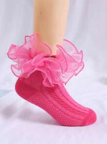 1 双婴儿/女孩网眼蕾丝边袜，透明蕾丝舞蹈短袜 - 玫紅色 - 查看 3