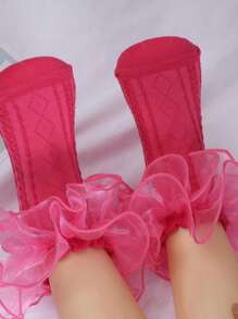 1 双婴儿/女孩网眼蕾丝边袜，透明蕾丝舞蹈短袜 - 玫紅色 - 查看 6