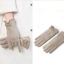 1對卡其色羊毛和羊絨內裡觸屏冬季手套,防風保暖,適用於開車、騎行、戶外活動等