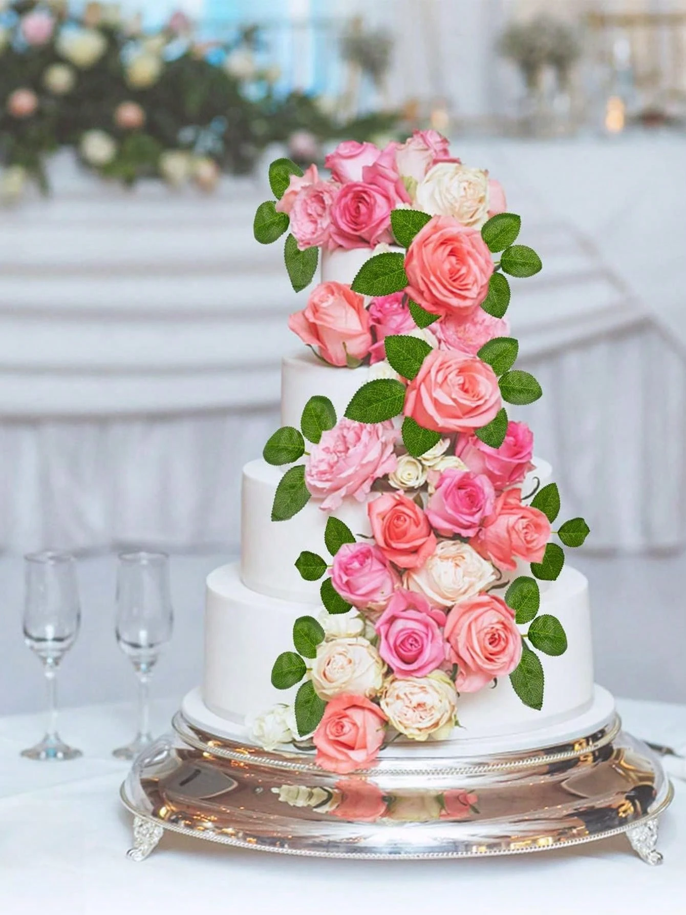 25Pcs Artificial Rose Leaves, Fake Rose Flower Leaves Faux Silk Green