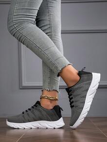 2023 Theo mùa Mới Thoáng khí Nhẹ Dệt kim Lưới Phong cách Đơn giản Coa dây Màu thuần Của phụ nữ Thể thao , Giải trí ,  chạy , Khỏe mạnh , Đường bộ & Giày đi bộ - Màu xám đen - Xem 5