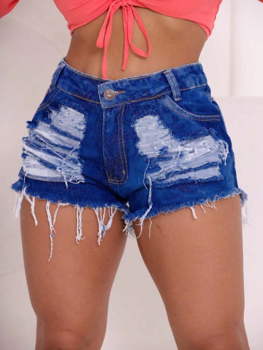 Women Denim Shorts - 深色水洗藍 - 查看 1