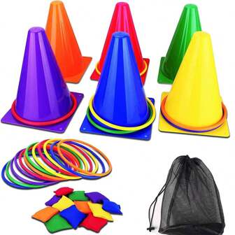 35 piezas Conjunto de juego de lanzamiento con 6 cubetas con bandera, 12 bolsas de frijoles, 16 aros de plástico, juego de lanzamiento al aire libre para entrenamiento sensorial, aros de colores, juguetes para piscina adecuados para juegos de piscina, fiesta en la piscina, juegos de fiesta para adultos adecuados para Halloween/Navidad/Acción de Gracias