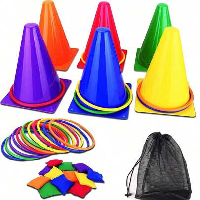 35pcs Throwing Game Set With 6 Flag Buckets, 12 Bean Bags, 16 Plastic Rings, Outdoor Toss Game For Sensory Training, Colorful Rings,Pool Toys Suitable For Pool Games,Pool Party,Adult Party Games Suitable For Halloween/Christmas/Thanksgiving