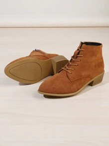 Ankle Boots For Women Matte Soft Leather Suede Side Zipper Boots For Women Low Heel Flat Casual Lace-Up Round Toe Medium Thick Heel Thin Boots - Yellow - View 5