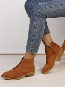 Ankle Boots For Women Matte Soft Leather Suede Side Zipper Boots For Women Low Heel Flat Casual Lace-Up Round Toe Medium Thick Heel Thin Boots - Yellow - View 3