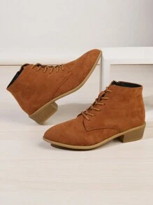 Ankle Boots For Women Matte Soft Leather Suede Side Zipper Boots For Women Low Heel Flat Casual Lace-Up Round Toe Medium Thick Heel Thin Boots - Yellow - View 4