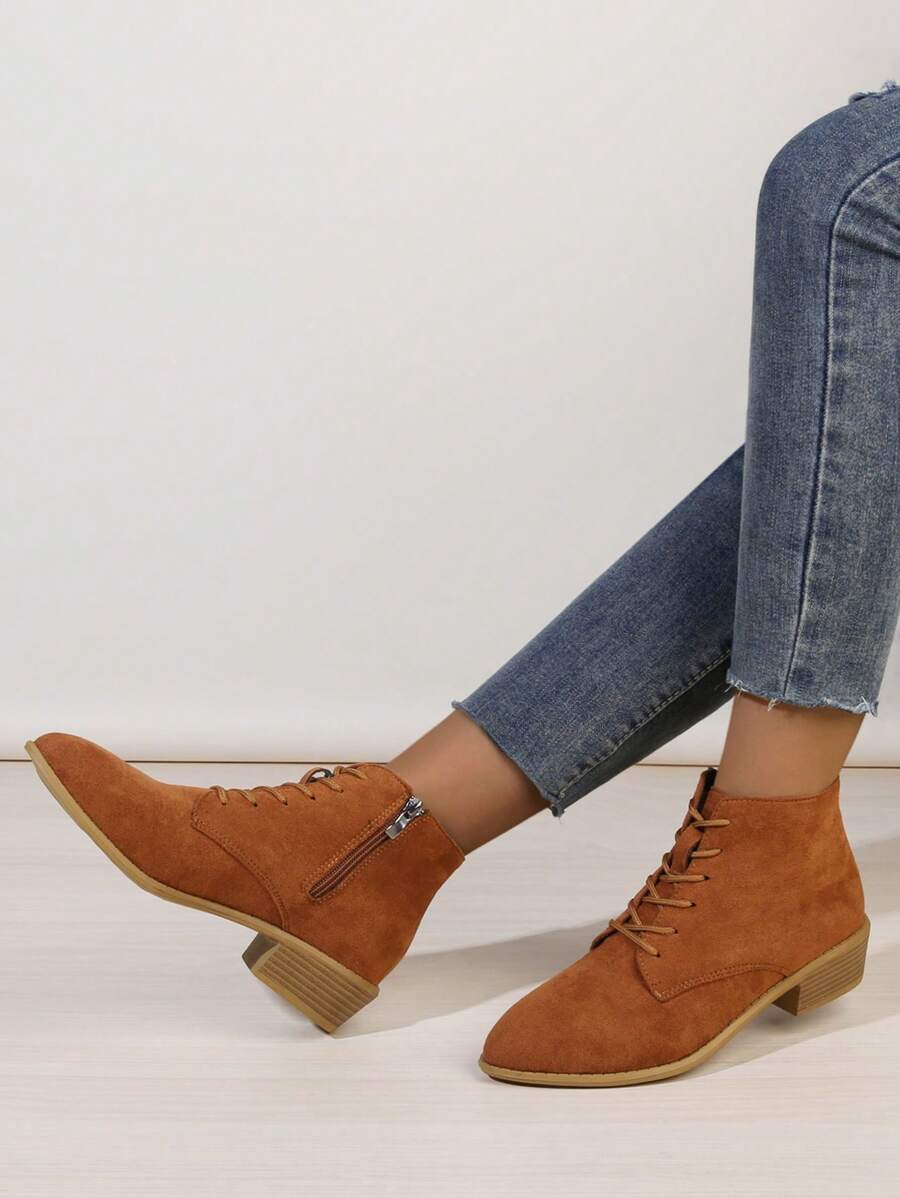 Ankle Boots For Women Matte Soft Leather Suede Side Zipper Boots For Women Low Heel Flat Casual Lace-Up Round Toe Medium Thick Heel Thin Boots - Yellow - View 1
