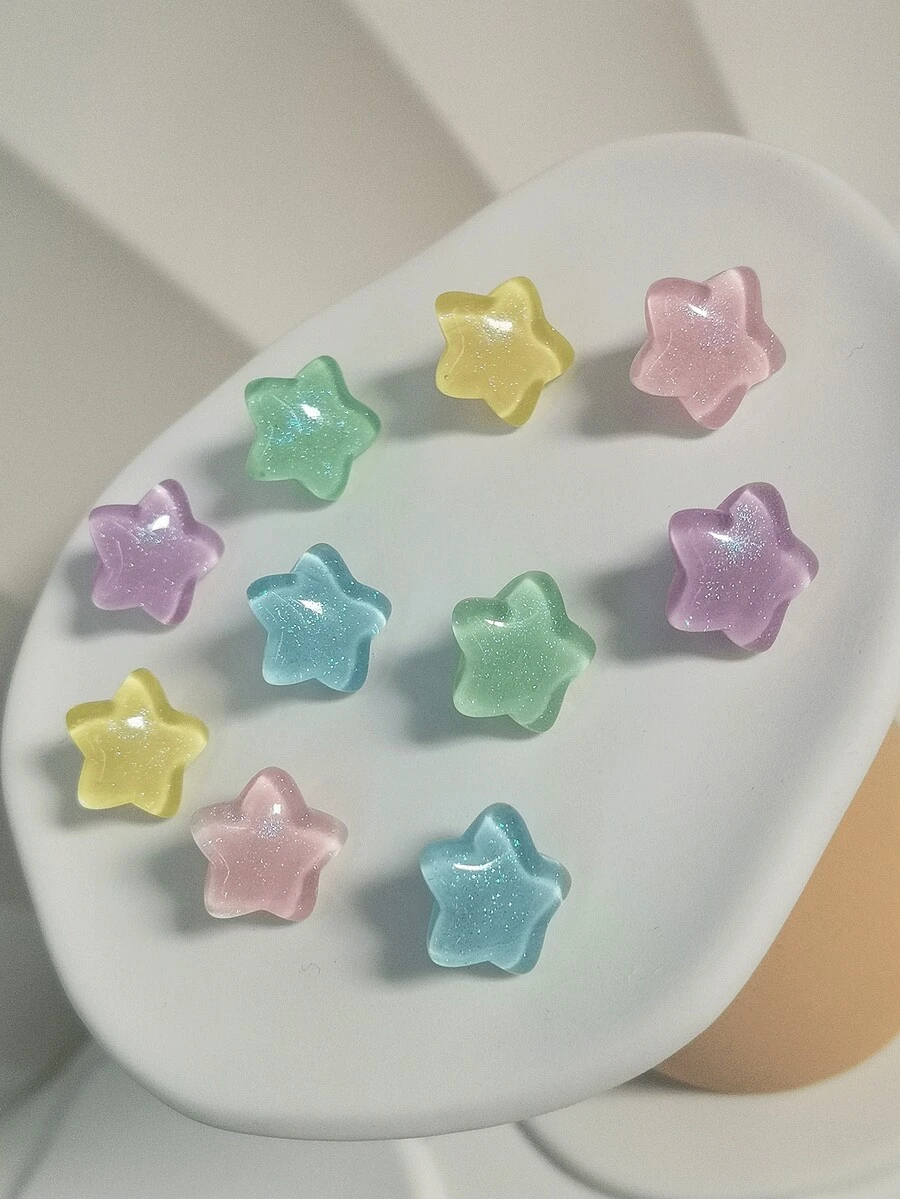 10入組閃爍樹脂星形耳環,女孩專屬,糖果色彩,學院風格,可愛且誇張的耳針珠寶