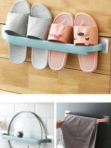 1只塑料鞋架,無需打孔,雙桿壁掛拖鞋組織架用於浴室,彩色自粘毛巾架