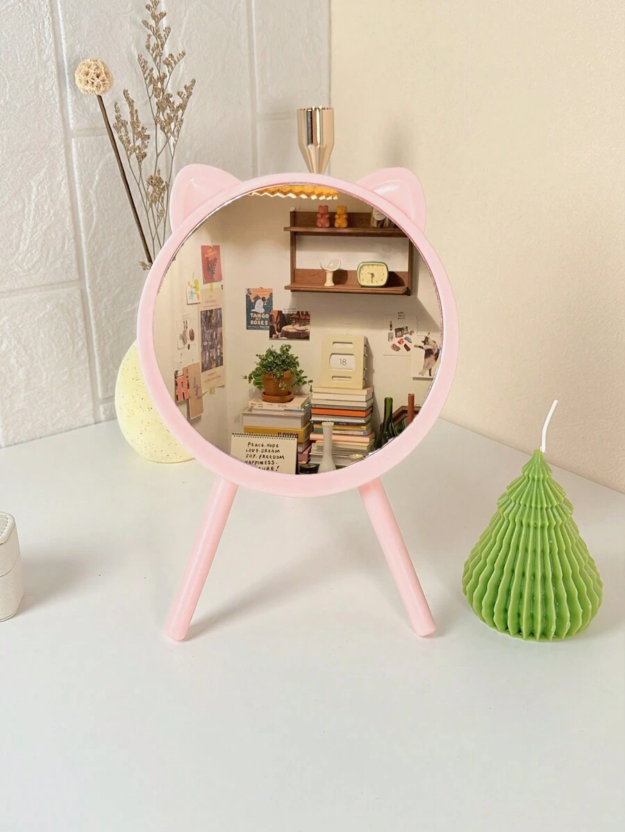 1pc Cartoon Cat Makeup Mirror With Stand, Ins Style Princess Mirror