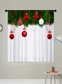 1pc Christmas Decorative Sheer Curtain, Christmas Balloon Snowflake Christmas Tree Christmas Ball Christmas Print Curtain Sheer, Rod Pocket Printed Curtain Window Decor For Bedroom, Office, Kitchen, Living Room, Home Decor, Christmas Holiday, Translucent Red Christmas Ball Print - Multicolor - View 2