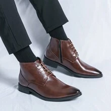 Men's Lace-up Zipper Side Pointed Toe Leather Boots With Rubber Sole, Winter, Brown, British Style Dress/casual High Top Boots