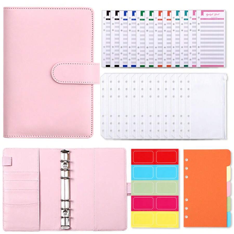 1Pack A6 Budget Cash Envelope, 23Pcs Set,Pink Budget Binder, 8 Cash Envelope Storage Boxes, A6 Savings Envelope Storage Box Binder Macaron PU Leather Accounting Notebook Creative Financial Planner Hand Account Book - Coral Pink - View 1