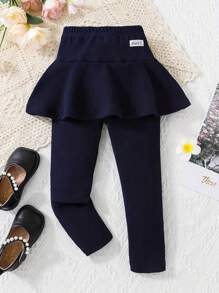 女童蓝色二合一蕾丝边打底裤，秋冬款 - 藏蓝色 - 查看 1