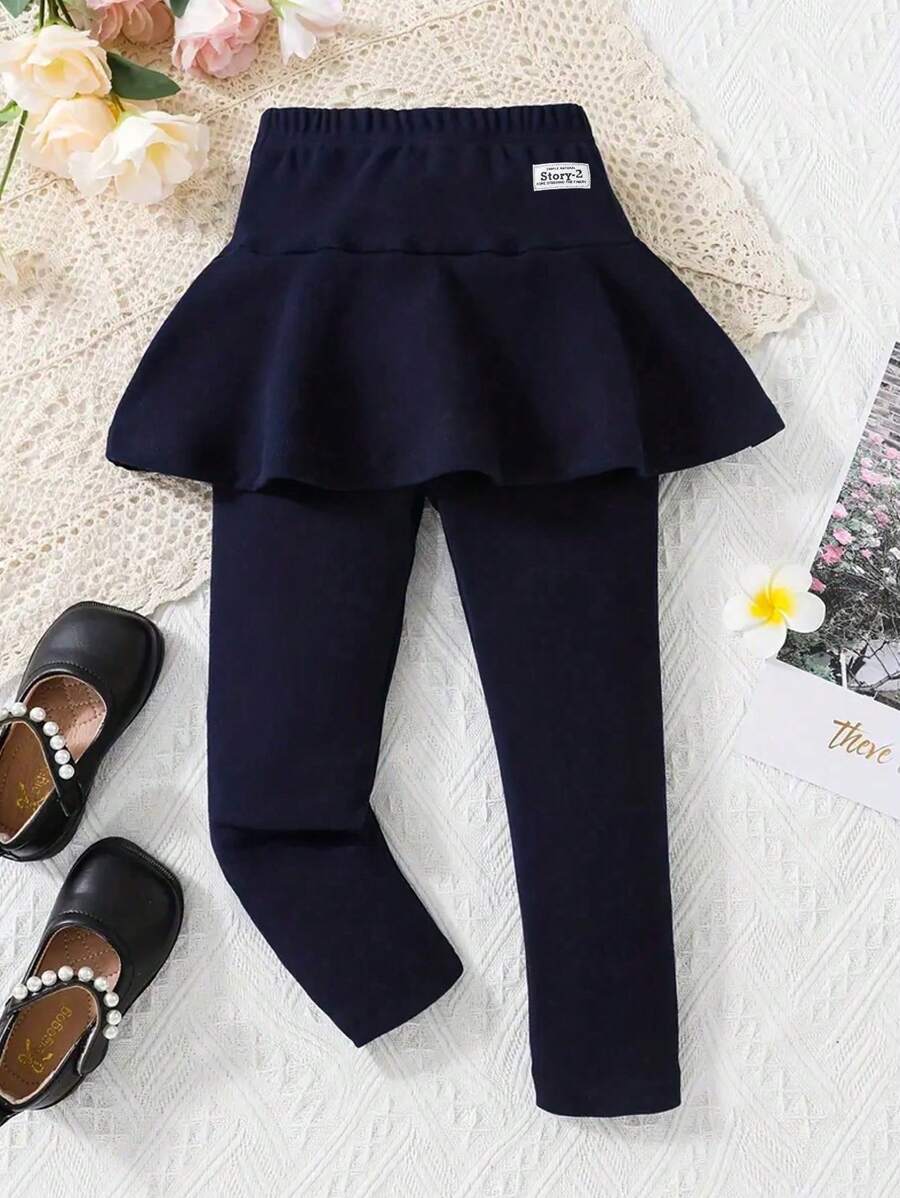 女童蓝色二合一蕾丝边打底裤，秋冬款 - 藏蓝色 - 查看 1